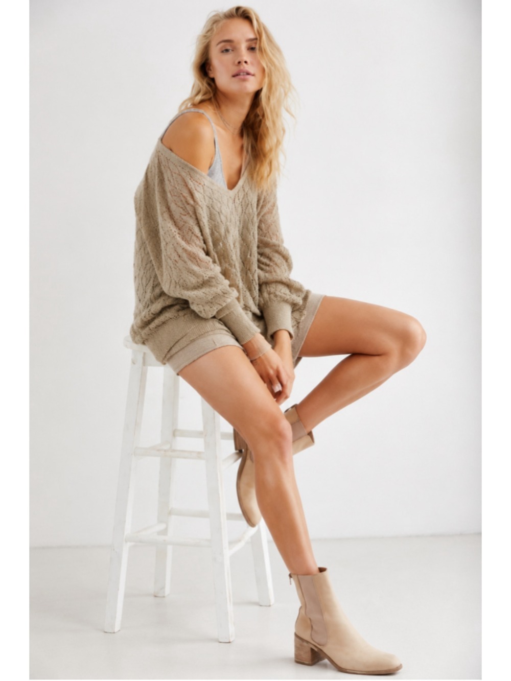 Free People Women’s S/P Beige Alpaca Wool Blend Open Knit V-Neck Sweater